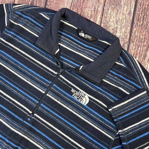 THE NORTH FACE Men Blue Stripe Fleece 1/4 Zip Pullover Sweater Size Medium Flaw* - Picture 1 of 9